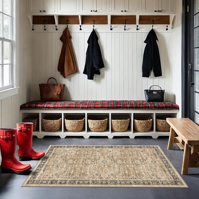 Vintage Boho 2x4 Area Rug for Entryway - Washable Taupe Sage Kitchen Rug for the Floor, Low Pile Non-Slip Rugs for Bathroom, Earthy Geometric Decor & Stain Resistance