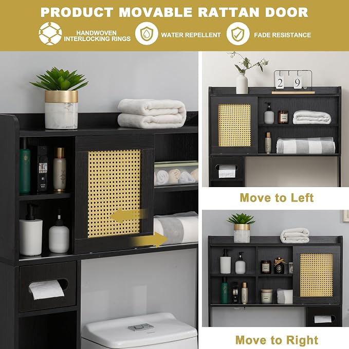SUNTAGE 6Tier Over The Toilet Storage Cabinet, Freestanding Above Toilet Space Saver Rack w/Adjustable Shelves, Sliding Door, Multifunctional Over Toilet Organizer for Bathroom (Black)