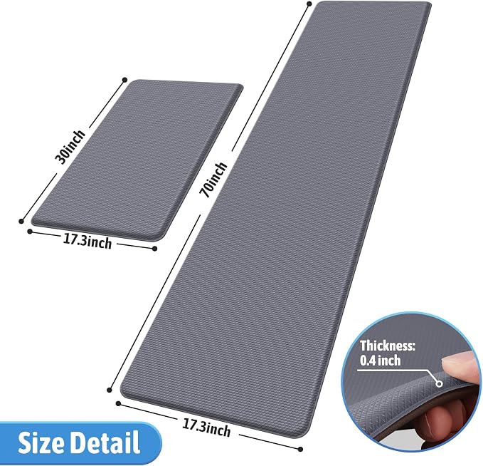 StepLively Kitchen Mat, 2 PCS Kitchen Rugs, Cushioned Kitchen Mats for Floor, Anti Fatigue Kitchen Rug Set, Non-Skid Standing Mat for Kitchen, Office, Sink, 17.3"x30"+17.3"x70", Grey