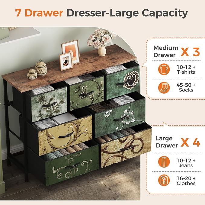 Sweetcrispy 7 Drawer Dresser, Fabric Storage Tower Organizer for Bedroom, Closet, Hallway, Entryway, Tall Chest of Drawers with Steel Frame, Wood Top, Large Storage, Floral Painted
