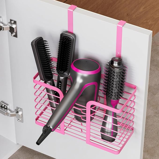 YIGII Pink Hair Dryer Holder, 3 Sections Organizer for Hair Tools, Wall Mounted/Cabinet Door Straightener Holder, Adjustable Height Metal Dryer Curling Iron Organizer