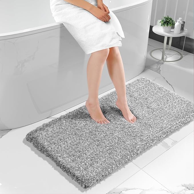 Yimobra Luxury Bathroom Rugs, Fluffy Bath Mats, Non Slip, Water Absorbent Microfiber, Machine Washable, Plush Runner Shower Rugs, Thick Matts for Bathroom Floor&Tub, 56" X 24", Light Gray and White