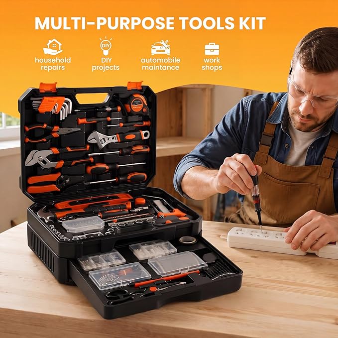 NEWBULIG 330-Piece Complete Tool Box Set, Durable Homeowners Tool Kit with Pull-Out Drawer, Versatile Home Repair Kit for Auto & Household, DIY Projects, Yellow
