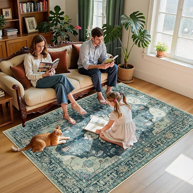 RELEANY Area Rugs 5'x7' Washable Non-Slip, Floral Vintage Distress Medallion Carpet for Living Room Bedroom Dining Room, Dark Blue Vintage
