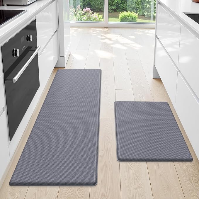 StepLively Kitchen Mat, 2 PCS Kitchen Rugs, Cushioned Kitchen Mats for Floor, Anti Fatigue Kitchen Rug Set, Non-Skid Standing Mat for Kitchen, Office, Sink, 17.3"x30"+17.3"x47", Grey