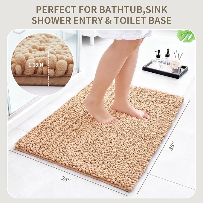 Bathroom Rugs Non Slip Washable 36x24, Extra Thick Soft Chenille Absorbent Bath Mat, High Density Barrier Non Slip Backing, Quick Dry Plush Shaggy Floor Carpet for Tub&Shower, Beige