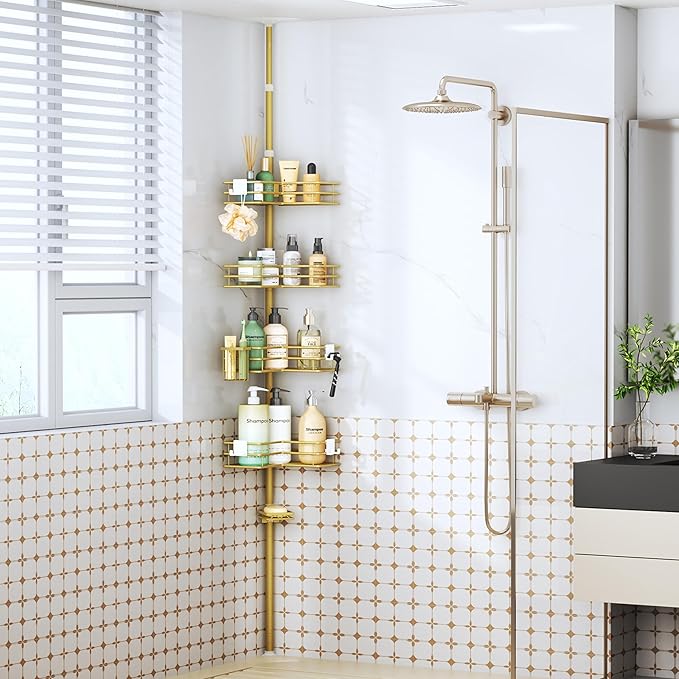 HapiRm Corner Shower Caddy Organizer - Shower Organizer Corner with Soap Holder, Toothbrush Holder and 4 Hooks, Rustproof Bathroom Shelf Tension Pole Available for 27.6 to 108.3 Inch - Gold
