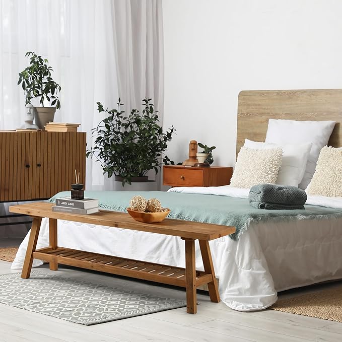 HOKYHOKY Reclaimed Solid Wood Bench-55 Inches Farmhouse Entryway Bench with Storage Shelf, Narrow Rustic Bench for Hallway, Kitchen, Bedroom, Dining
