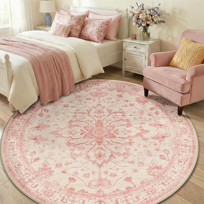 RELEANY Area Rugs Round 6ft Washable Non-Slip, Floral Vintage Distress Medallion Carpet for Living Room Bedroom Dining Room, Pink Light Vintage Pink