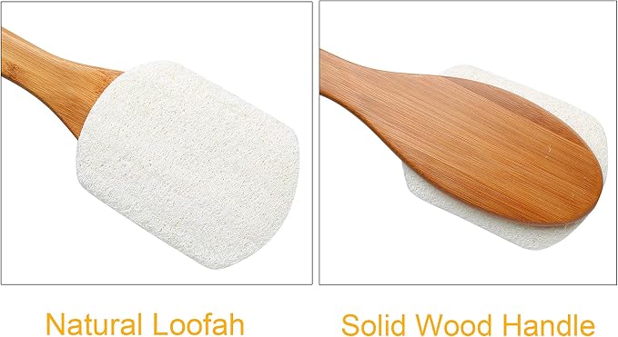Leotruny 100% Natural Exfoliating Loofah with Long Wooden Handle Shower Back Brush (Off-White (2 Pack))