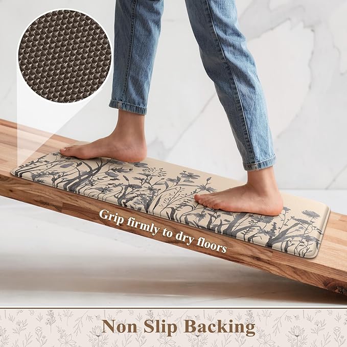 KIMODE Anti Fatigue Kitchen Mats for Floor, Farmhouse Kitchen Rugs Sets of 2, Cushioned Kitchen Floor Mats, Comfort Standing Mat for Sink, Laundry, Office, Desk Brown/Grey 17"x47"+17"x29"