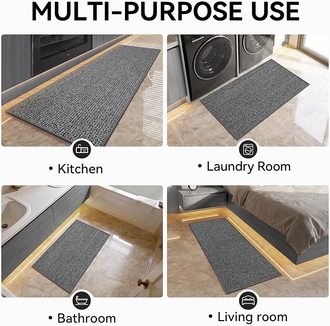 Kitchen Runner Rugs and Mat Non Slip Washable, Super Absorbent Long Kitchen Mats for Floor, Rubber Backing Soft Braided Standing Kitchen Sink Mat Kitchen Rug, Easy to Clean, Grey 17"x59"