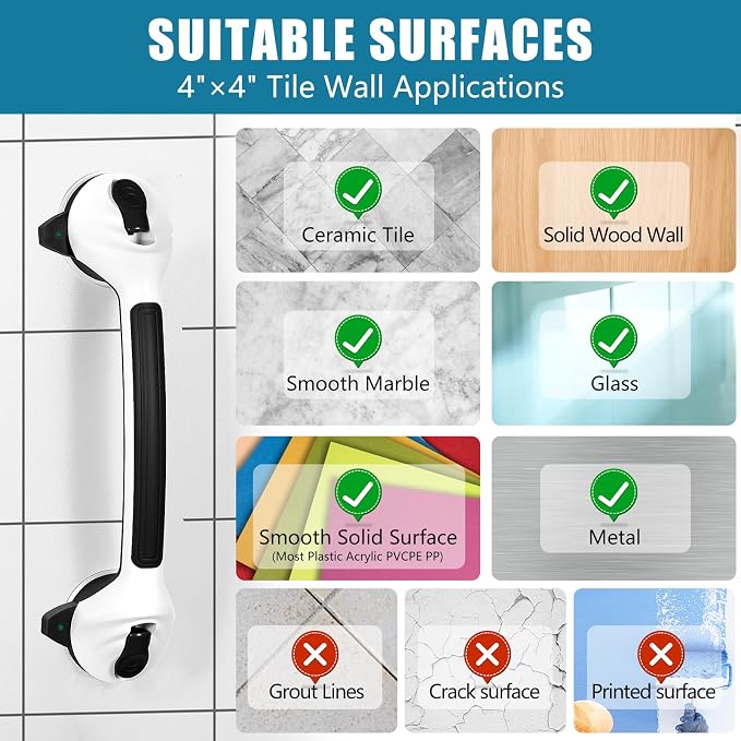MCDEX Grab Bars for Shower, 2 Pack Shower Handle for Elderly (Black White) | Safety Signal Indicators, Strong Suction Cup, Easy Installation, No Drill, Removable, Anti-Slip, Waterproof
