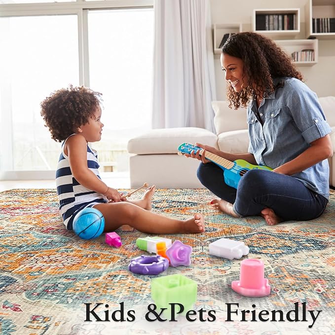 Lahome Moroccan 6x9 Rugs for Living Room, Soft Washable 6x9 Area Rug for Bedroom, Ultra-Thin Oriental Trellis Non Shedding Throw Large Carpet for Dining Room Office Elise, Cream/Multi