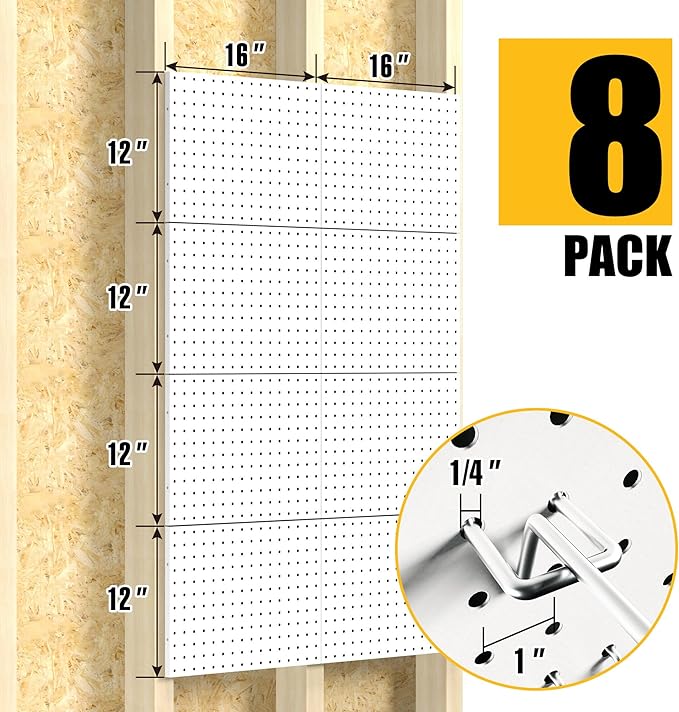 Spampur Peg Board, 8 Pack Metal Pegboard Panels with 50 Hooks, White Pegboards Wall Organizer, Peg Board for Walls Home, Garage Tool Storage, Office Organization, Craft Room