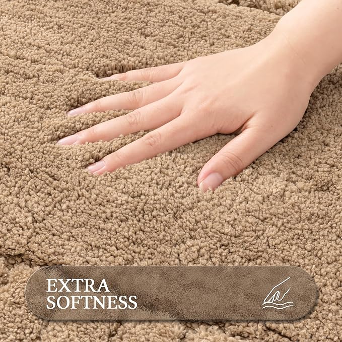 Pauwer Bathroom Rugs Sets 3 Piece Non Slip Machine Washable Bathroom Shower Rugs with U-Shaped Contour Toilet Mat Plush Shaggy Absorbent Microfiber Bath Mat Set, Khaki