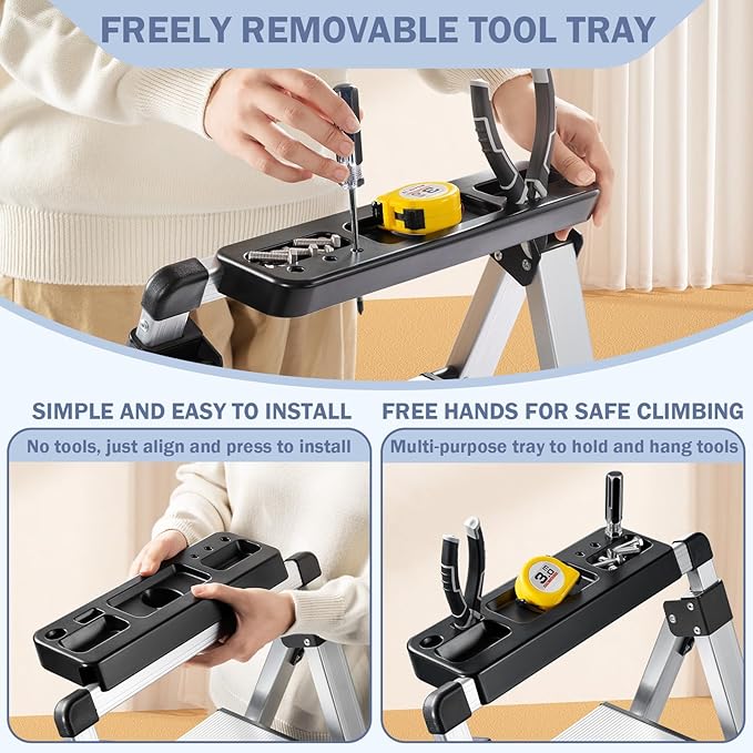 XinSunho 3 Step Ladder, Retractable Handgrip Folding Step Stool Ladders with Anti-Slip Wide Pedal, Aluminum 3 Steps, 330lbs Safety Household Ladder