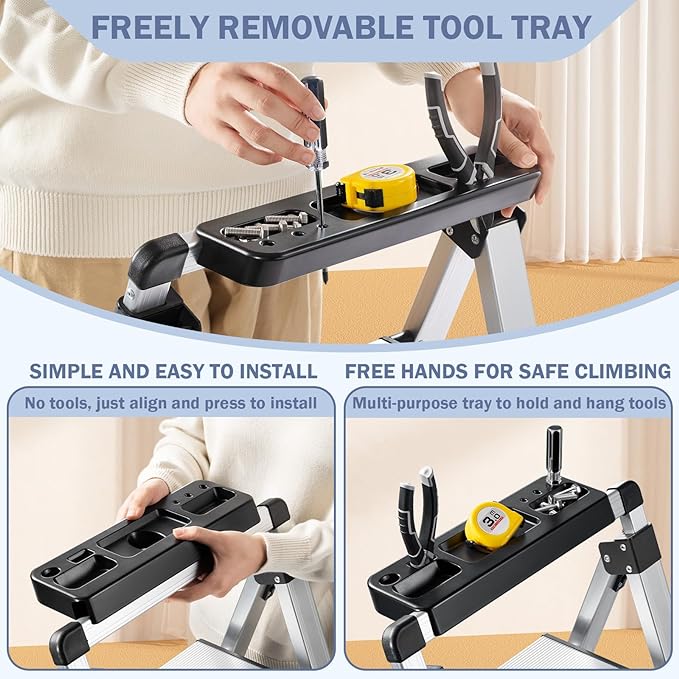 XinSunho 4 Step Ladder, Retractable Handgrip Folding Step Stool with Anti-Slip Wide Pedal, Aluminum Stool Ladders 4 Steps, 330lbs Safety Household Ladder