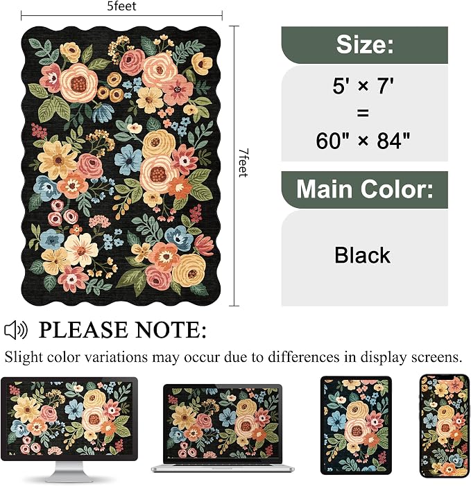 DUKINO 5x7 Area Rug, Floral Washable Rugs for Living Room with Non Slip Backing & Non-Shedding, Lightwight Low Pile Boho Design Large Carpets for Bedroom, Living Room, Dining Room, Black