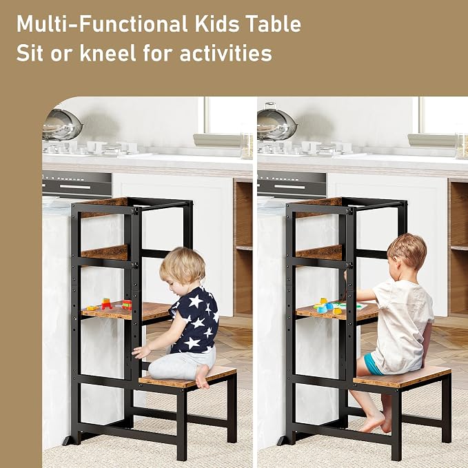 INNOD Kitchen Step Stool for Toddlers, Height Adjustable Toddler Tower with Safety Rail, Steel and Wood Toddler Kitchen Stool Helper Kids, Stool for Kids, Learning Tower, Kids' Desk Brown