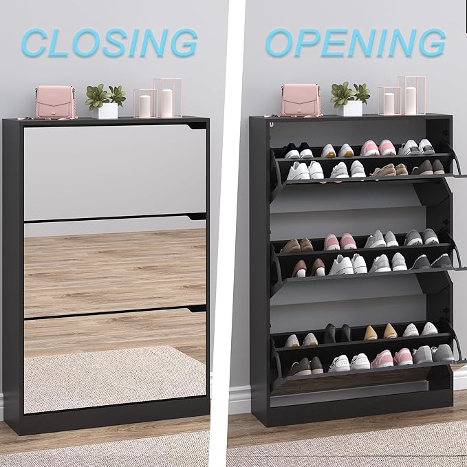 BORNOON Shoe Cabinet with 3-Flip Mirror Drawers, Freestanding Shoe Rack Organizer with Hidden Handle, Slim Narrow Shoe Storage Cabinet for Entryway, Entrance, Hallway, Bedroom