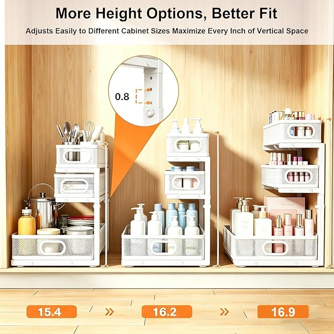 2 Pack Under Sink Organizer, 3-Tier Pull Out Kitchen Cabinet Organizer, Height Adjustable Metal Slide Out Bathroom Storage Makeup Drawer Rack for Bedroom Office Laundry Pantry Home Organization, White