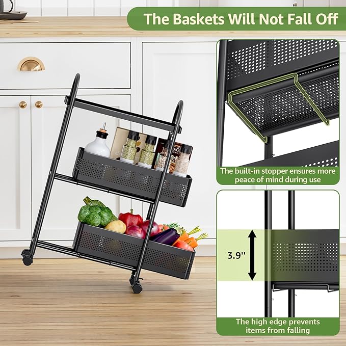 KINGRACK 3-Tier Slim Kitchen Storage Cart, Metal Utility Cart with Drawer, Rolling Trolley with Lockable Wheels, Easy Assembly Narrow Space Shelving for Kitchen Bathroom Laundry Room, Black