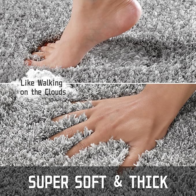 Yimobra Fluffy Toilet Rugs U Shaped, Shaggy Soft Comfortable Non Slip, Water Absorbent Microfiber Bath Mat, Dries Quickly, Machine Washable Thick Bathroom Floor Rugs, 24"x 20", Light Gray and White
