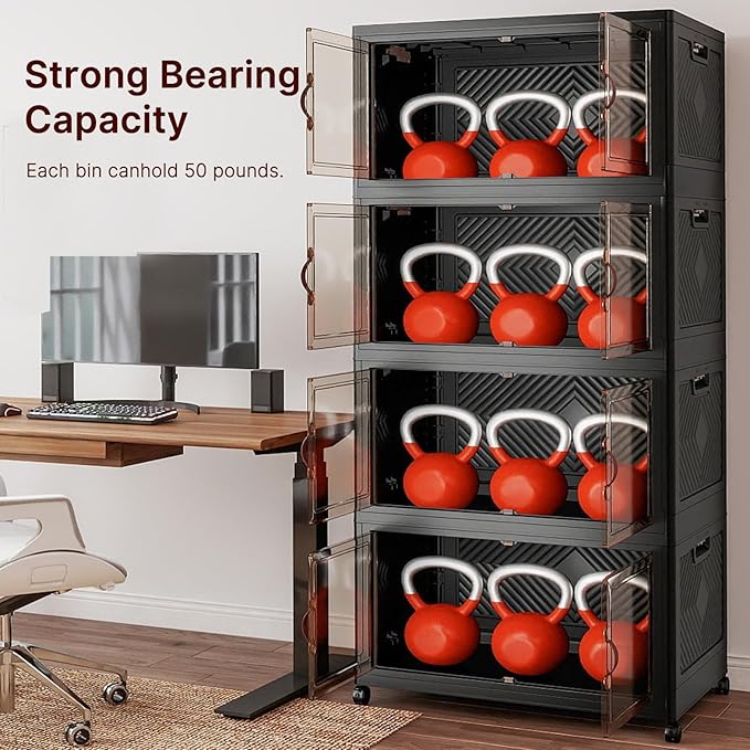 UAMFURI Stackable Storage Bins with Lids & Wheels & Door, Foldable Collapsible Closet Organizers, Extra Large Plastic Storage Drawers for Bedroom Dorm Office Garage (Dark-175QT, 4Pack with 1 top lid)
