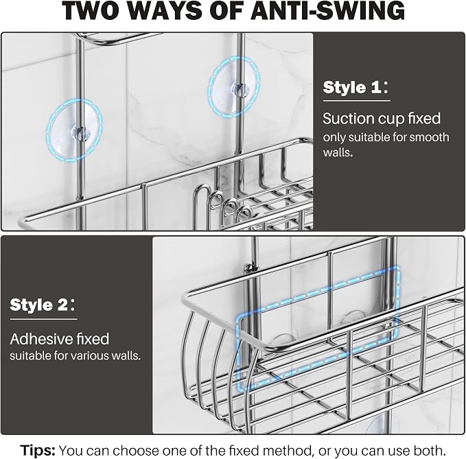Epicano Shower Caddy Hanging Over Head, Chrome,Stainless Steel | Rustproof,4 Hooks for Towels,Sponge and & Bathroom Accessories,Anti-Swing Suction Cups & Adhesive hooks