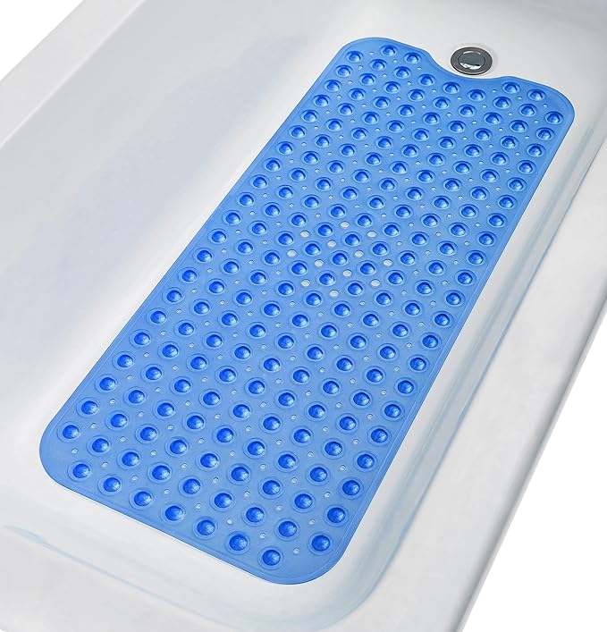 Extra-Long Non-Slip Bathtub & Shower Mat 39”x16” (Smooth/Non-Textured Tubs Only) Safe, Clean, Machine-Washable, Superior Grip&Drainage, Vinyl, Transparent Blue