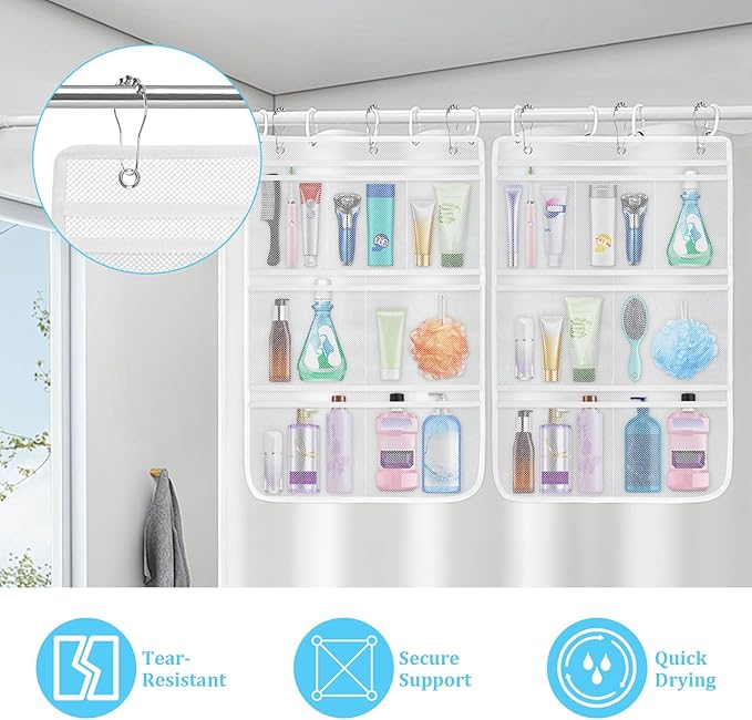 2 Pack Mesh Shower Caddy Hanging Organizer with 7 Pockets, Quick Dry Bathroom Storage Bag, Cruise Cabin and Dorm Essentials for Travel, Toiletry Organizer for Shampoo Soap