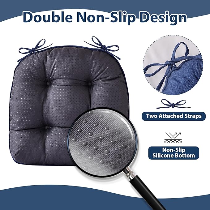 IASEAHK Chair Cushions for Dining Chairs, Seat Cushions for Kitchen Chairs, Indoor Seat Cushions with Ties, Tufted Foam Chair Pads, Non Slip Chair Cushions Set of 6, 15.5" x 15.5" x 4", Navy Blue