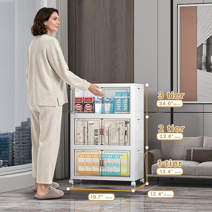 UAMFURI Stackable Storage Bins with Lids, 156QT Closet Organizers and Storage with Doors and Wheels, Extra Large Storage Cabinet, Collapsible Plastic Drawers for Bedroom Dorm Office Garage