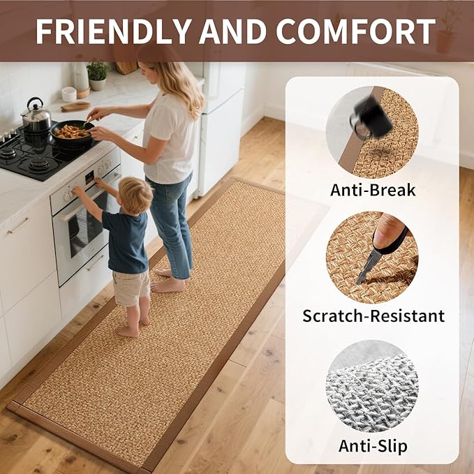 YDKGL Kitchen Runner Rugs Non Slip Washable, Super Absorbent Kitchen Mats for Floor, Rubber Backing Jute-Like Braid Long Sink Mat Standing Floor Mat, Machine Washable, Brown 17"x59"