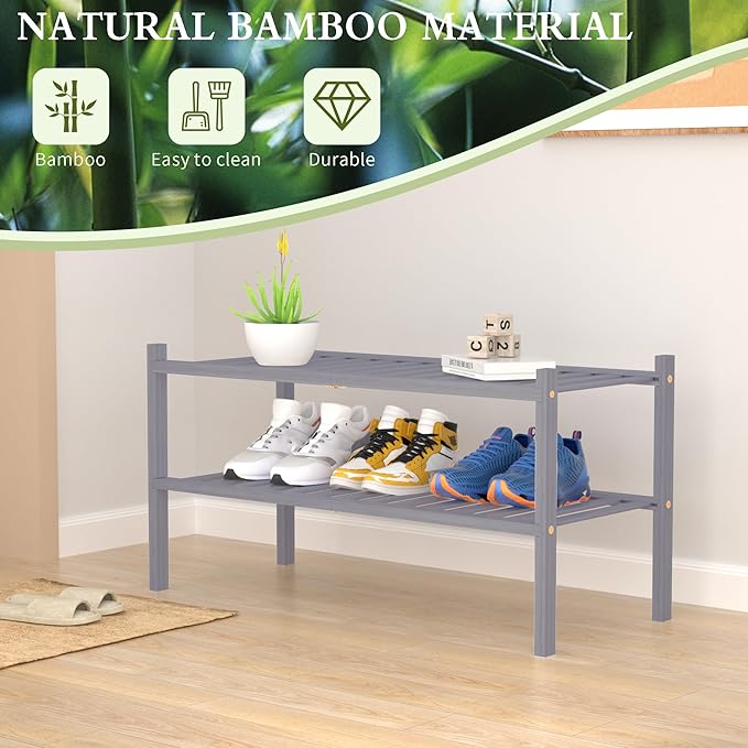 ROMGUAR CRAFT 2 Tier Bamboo Shoe Rack for Closet Free Standing Wood Shoe Shelf for Entryway Small Space Stackable 27"x11"x13" (Grey)