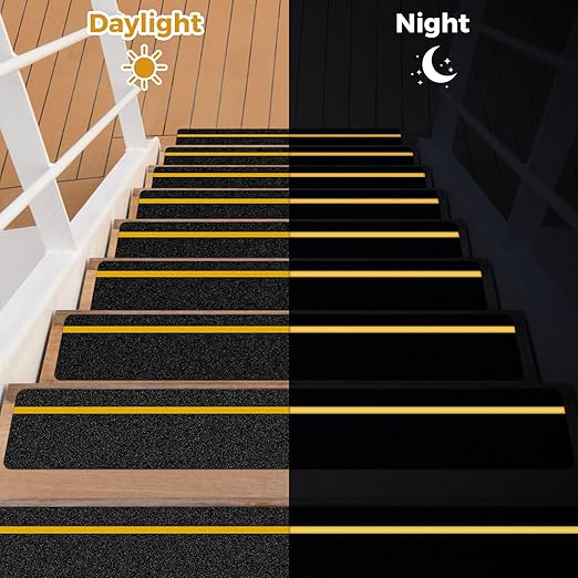10 Pack Anti Slip Traction Treads with Reflective Stripe, 6” x 30” Grit Non Slip Waterproof Tape Pre-Cut Tape with Roller, High Traction Friction Abrasive Adhesive for Stairs Step, Black & Yellow
