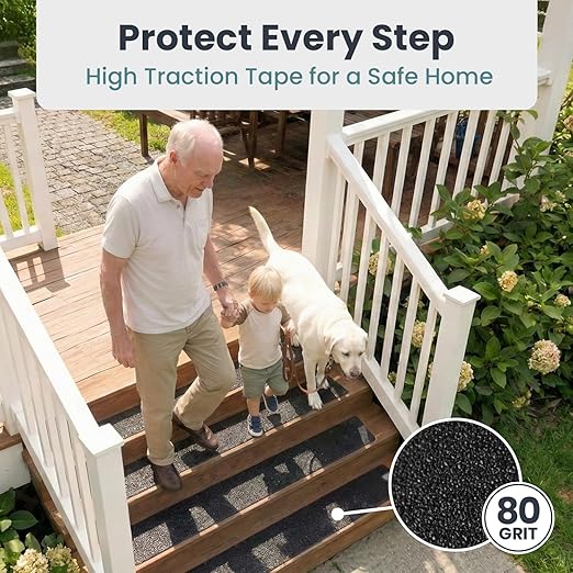 PELEGON Outdoor Stair Treads Non-Slip for Wooden Steps (18 Stairs) 6"x30" Heavy Duty Waterproof Anti Slip Traction Tape, Black Grip Tape Treads Outdoor for Wood, Decks, Ramps
