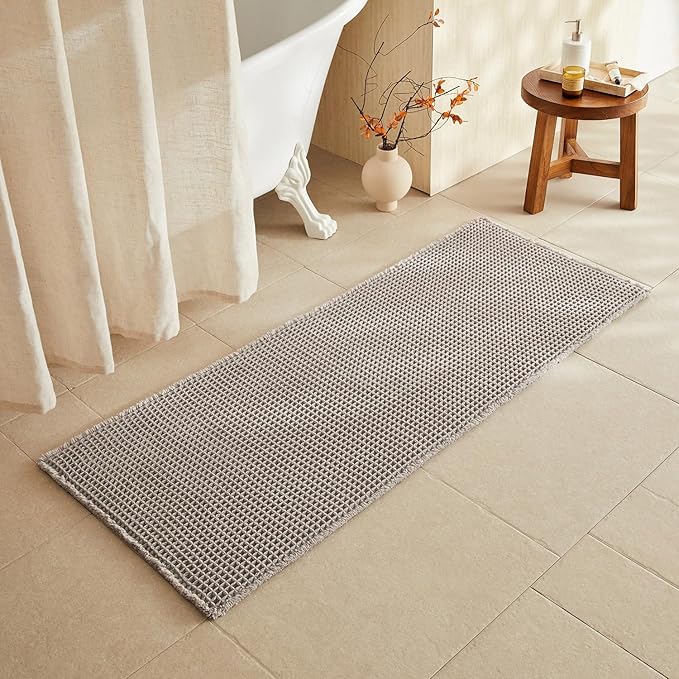 TYUU Waffle Runner Rug Bathroom, Long Boho Bathroom Rugs Non Slip Washable Super Absorbent Quick Dry Farmhouse Bath Decor, 60"x24" Light Grey