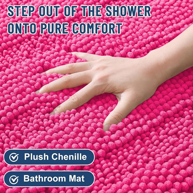 Grandaily Chenille Striped Bathroom Rugs 24x16, Extra Thick and Absorbent Bath Mats, Non-Slip Soft Plush Shaggy Shower Carpet, Machine Wash Dry, Bath Rug for Bathroom, (Small, Deep Pink)