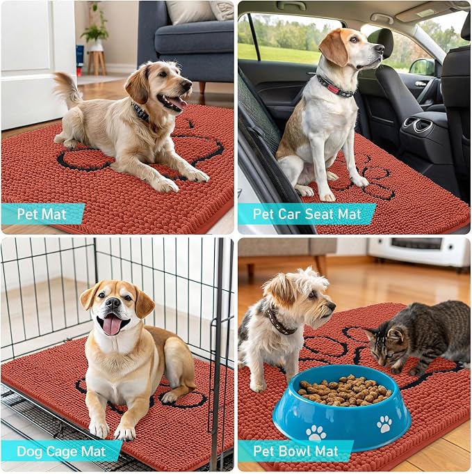 OLANLY Dog Door Mat for Muddy Paws 30x20, Paw Print Design, Absorbs Moisture and Dirt, Absorbent Non-Slip Washable Doormat, Quick Dry Chenille Mud Mat for Dogs, Entry Indoor Entryway Carpet, Maple Red