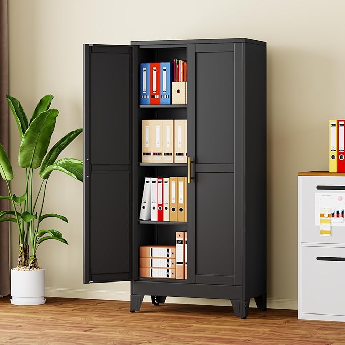 61" Black Metal Garage Storage Cabinet with 2 Doors and 3 Adjustable Shelves,Kitchen Pantry Cabinet,File Cabinet,Steel Tool Cabinet for Home,Office,Garage,School,Warehouse