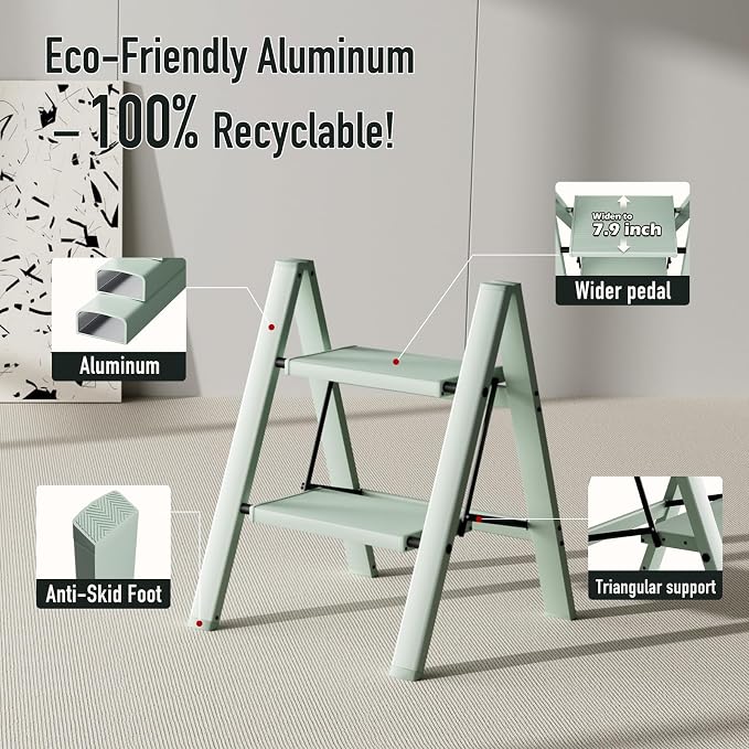 Mayi Plus 2 Step Ladder,Aluminum Folding Step Stool for Adults,Step Ladder with Wide Anti-Slip Pedal,330 lbs Capacity for Home,Office,Kitchen,Library(Green)