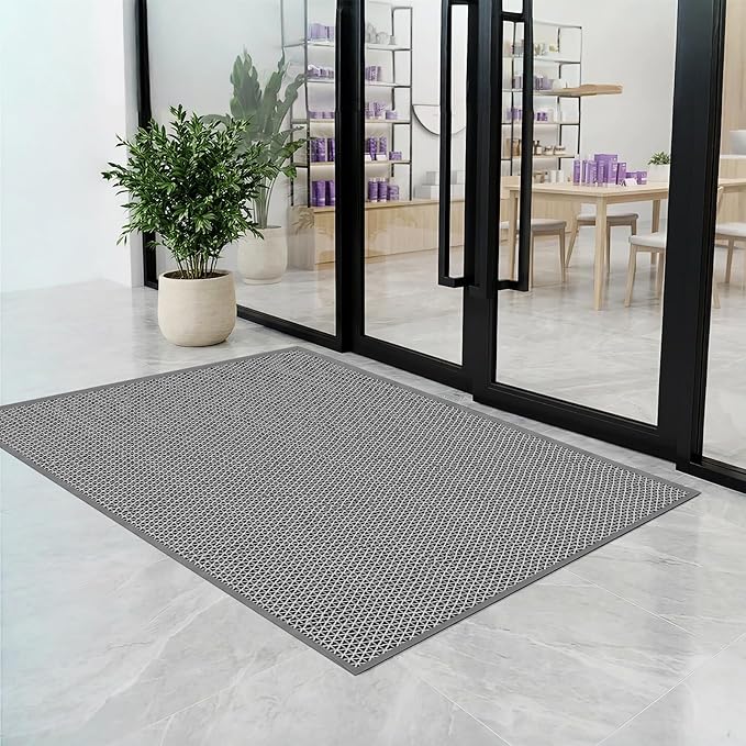 WochiTV Non Slip Drainage Mats, Front Door Mat, PVC Pool Floor Mat 0.2'' Thick Rubber Outdoor Indoor, Parking Space Mat for Bathroom Garage Basement Backyard Commercial Kitchen, 1.4x2.3Ft Grey