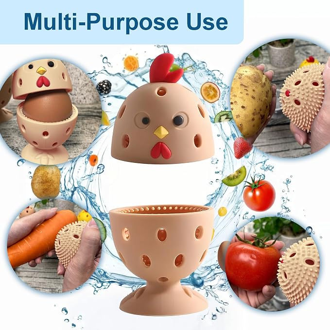 Egg Washer for Fresh Eggs, Egg Scrubber for Fresh Eggs, 2 Reusable Silicone Chicken Shaped Scrubs, Chicken Egg Cleaner, Eggshell Cleaner for Poultry Farm, Housewife Tools Vegetable Processing (Brown)