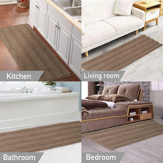 Turquoize Luxurious Shaggy Chenille Kitchen/Bath Mat Non-Slip Mat Taupe Brown Chenille Rug Striped Mat Water Absorbent Bath Rug Runner for Floor, Taupe Brown, Size 59 x 20 Inches