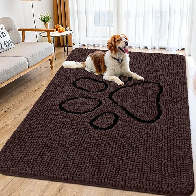 Smiry Dog Door Mat for Muddy Paws, Absorbent Dirt Trapper Non Slip Quick Dry Washable Chenille Mat for Mud Dogs, Entry Rug for Indoor and Outdoor (71x46 Inches, Brown and Black)