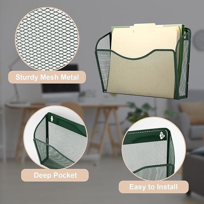 EASEPRES 3 Single Pocket Mesh Hanging File Organizer, Vertical Wall Mounted Magazine File Holder, Mount Basket Mail Paper Document Folder Organizing for Office, Home and School, Dark Green