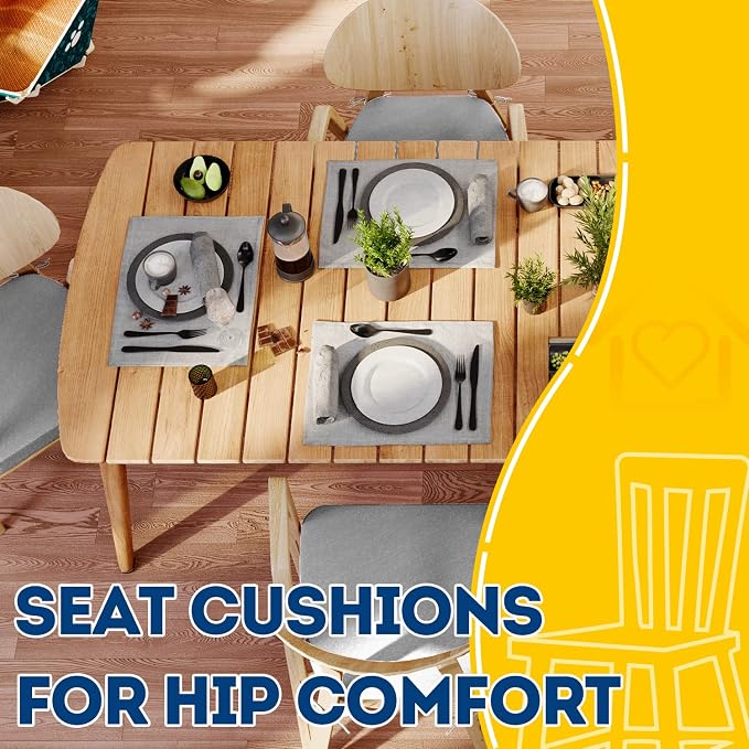 AAAAAcessories D-Shaped Chair Cushions, 2" Thick Dining Chair Pads with Ties and Removable, Machine-Washable Cover, 17" x 16", Set of 4, Light Gray