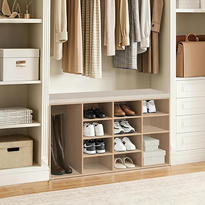 DINZI LVJ Shoe Storage Bench with Cushion, 16-Cubby Shoe Rack, Adjustable Shelves, 40.9" Long Shoe Organizer Bench for Entryway, Mudroom, Hallway, Garage, Natural and Cappuccino Beige
